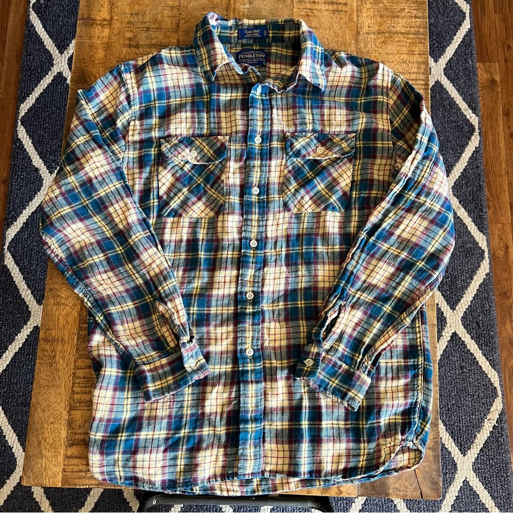 Pendleton CLARK SHIRT Plaid Linen Cotton Blend Long Sleeve Button Up Shirt Sz  M